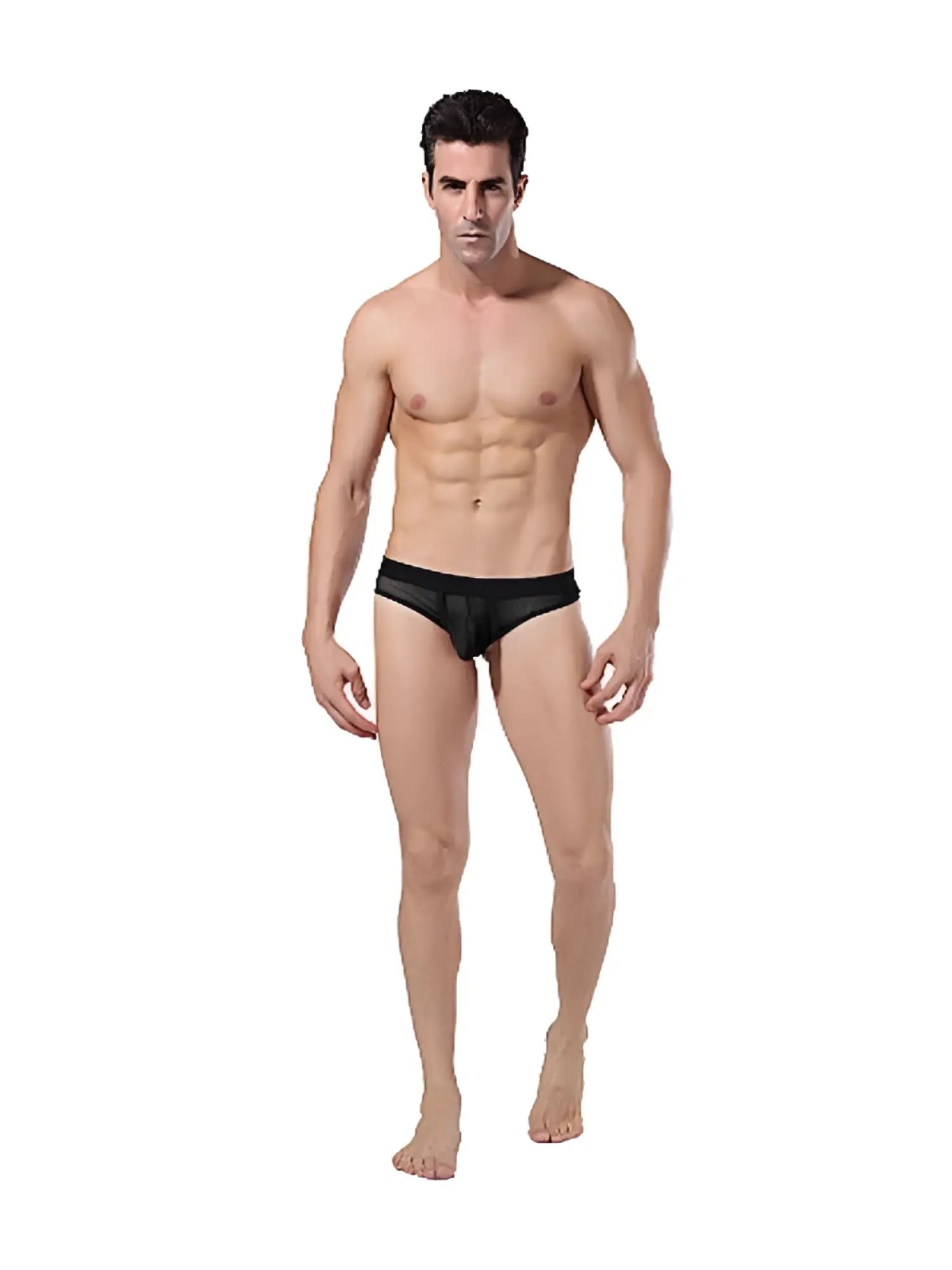 Black mesh sheer thong briefs with solid black waistband goodfellas underwear gf001 size xl front view