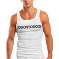 White ribbed tank top with black gostoso logo and horizontal stripes in a gostoso logotipo stripes print design
