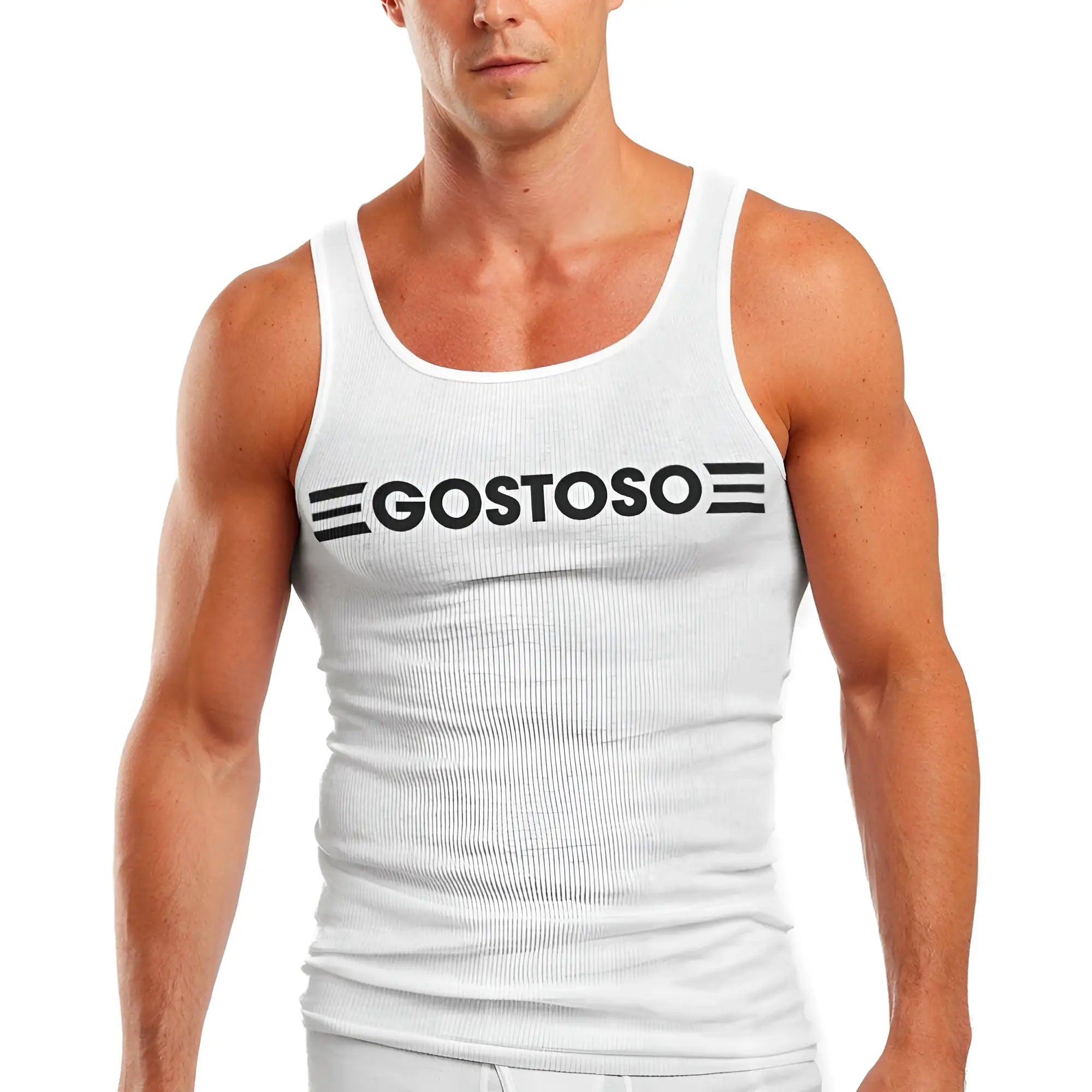 White ribbed tank top with black gostoso logo and horizontal stripes in a gostoso logotipo stripes print design