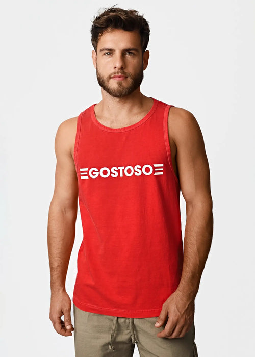 Gostoso red tank top for men featuring a white gostoso logo with three horizontal lines on each side