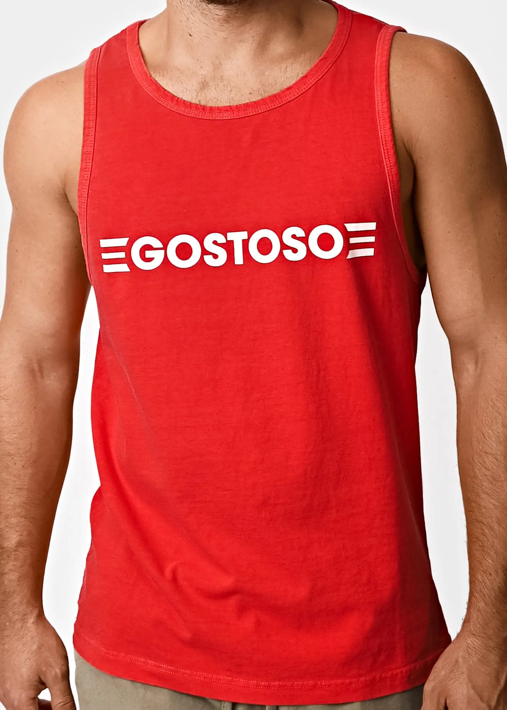 Red gostoso men’s tank top featuring a white logo and three horizontal lines on either side of the text