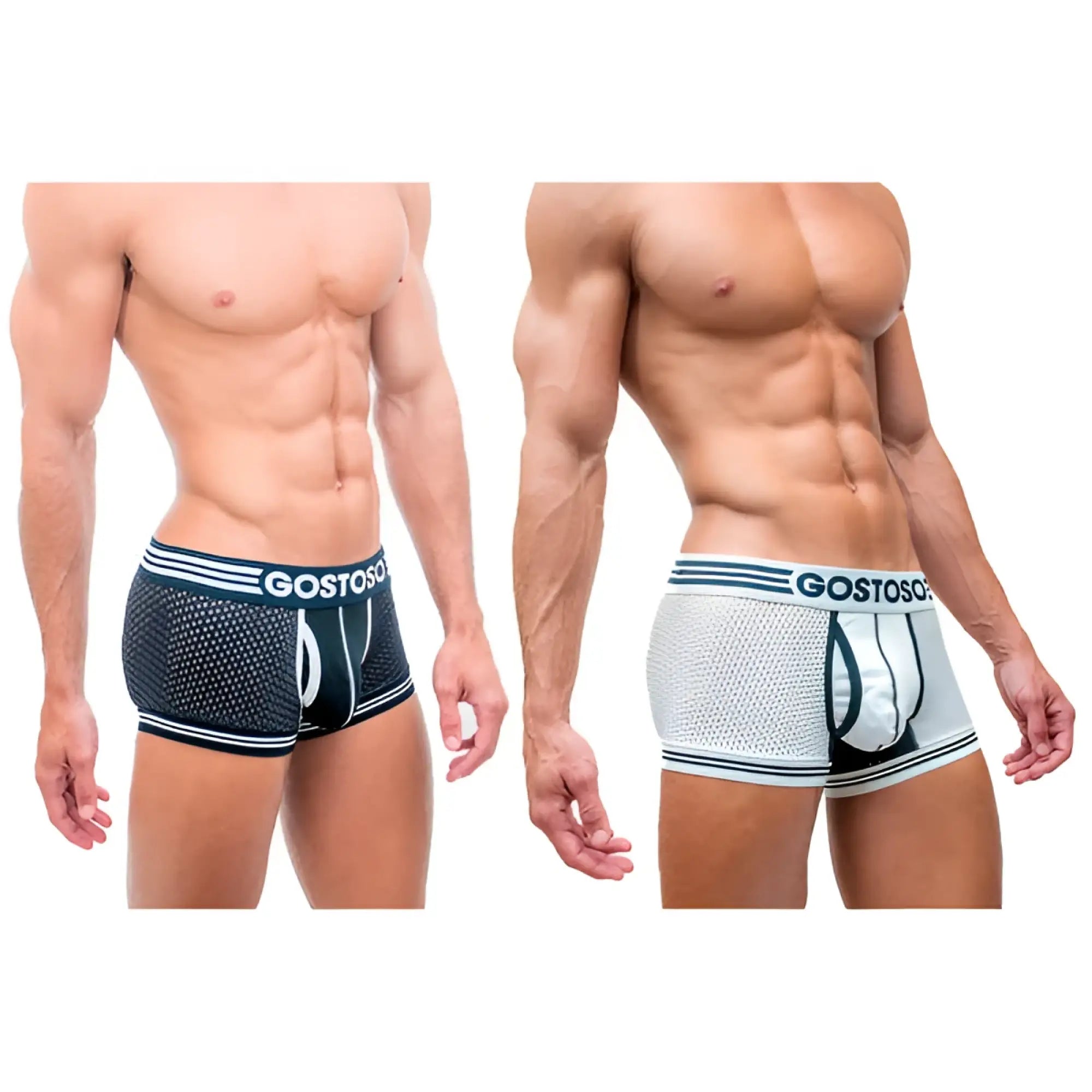 Black and white mesh boxer briefs with gostoso branding on the waistband in a 2-pack underwear set