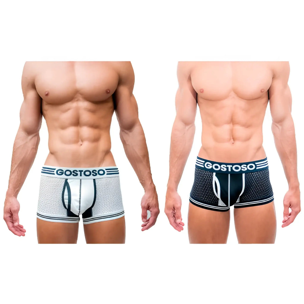 Gostoso underwear mesh boxer brief 2-pack in white and black with striped waistband detailing for men