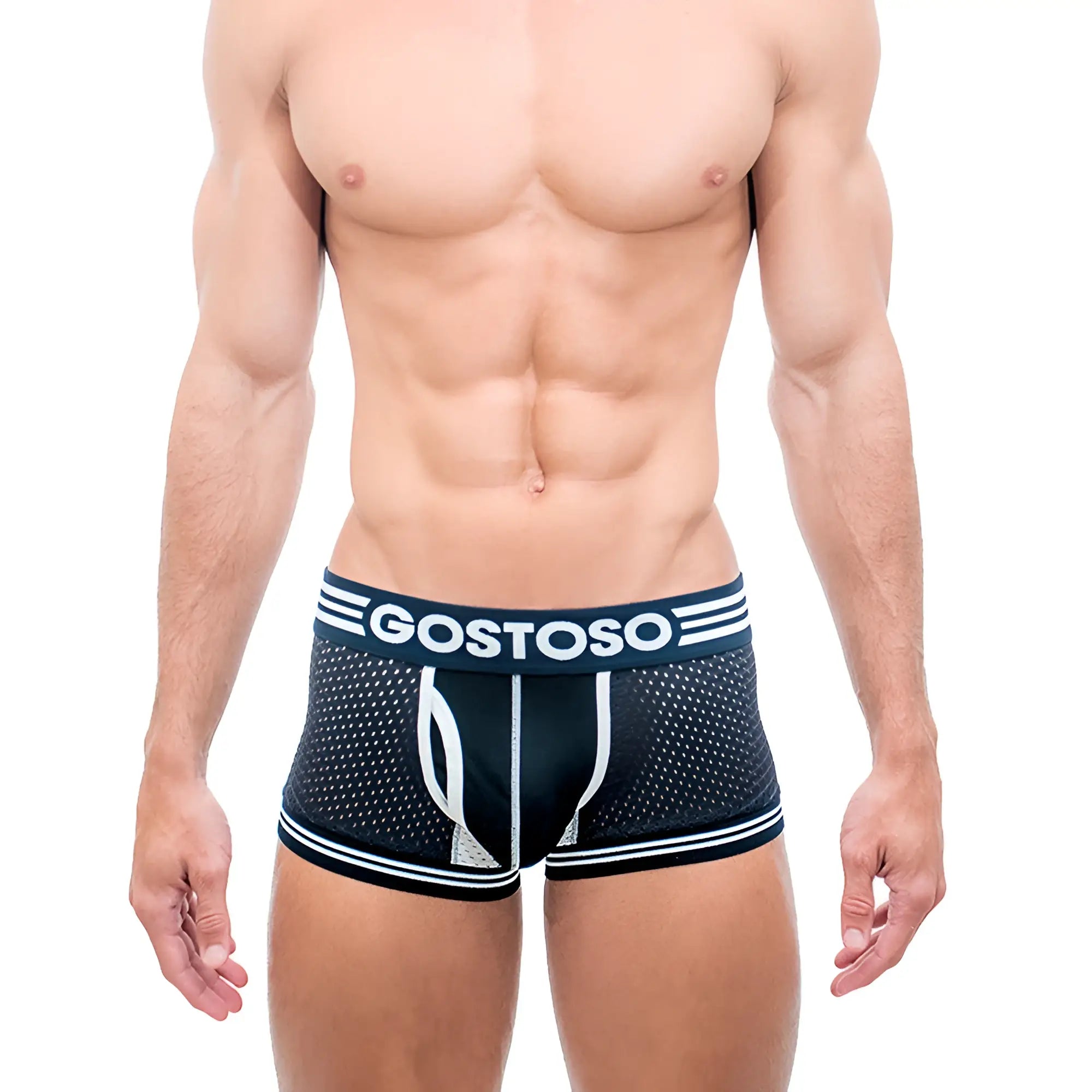 Black gostoso boxer briefs with white mesh panels and striped trim from gostoso underwear collection