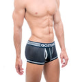 Black mesh boxer briefs with white stripes and gostoso logo on waistband from gostoso underwear collection