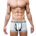 White mesh boxer briefs with black trim and gostoso brand name on the waistband for breathable comfort