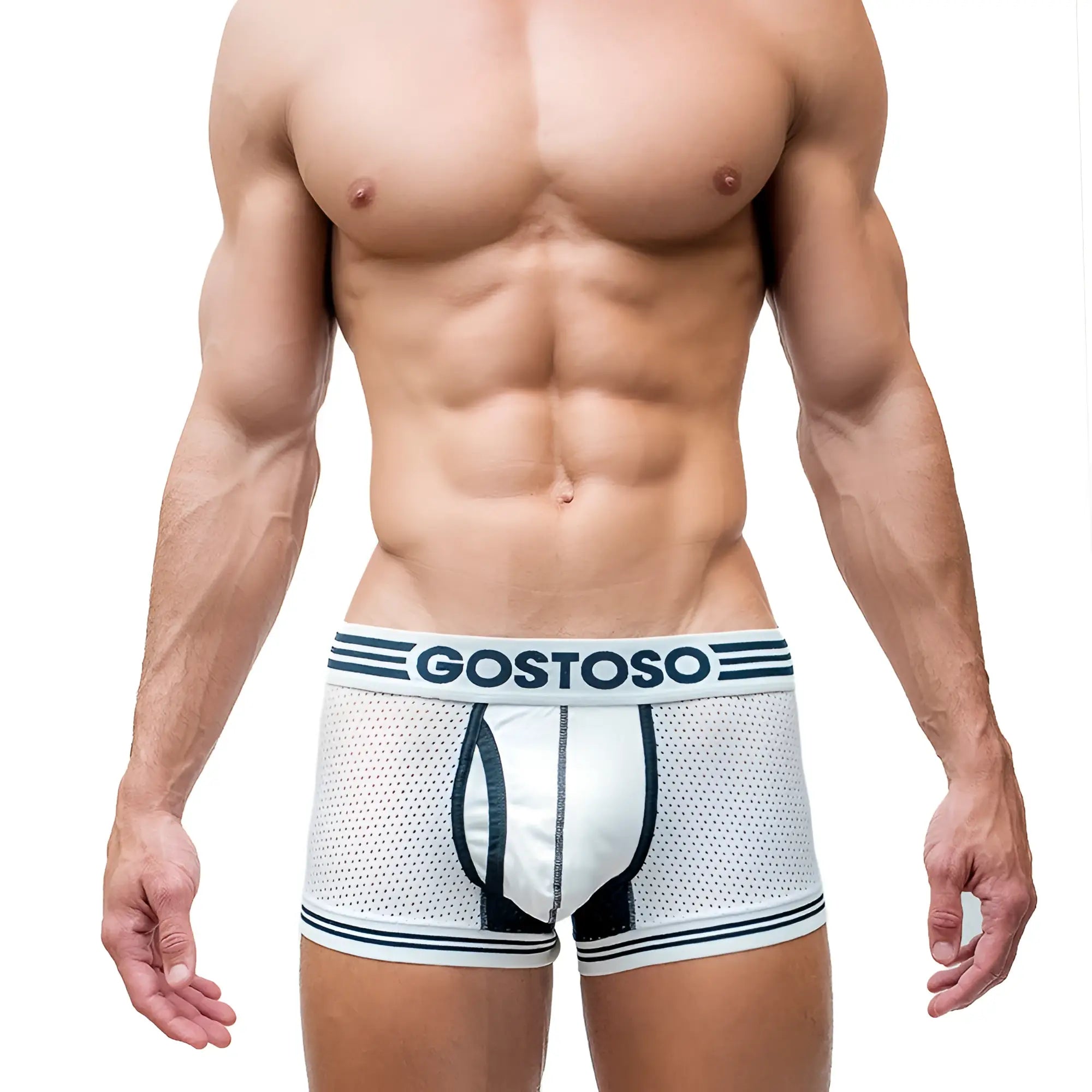 White mesh boxer briefs with black trim and gostoso brand name on the waistband for breathable comfort