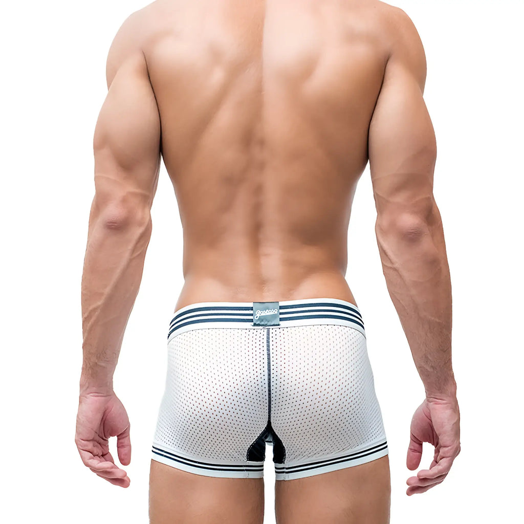 Gostoso underwear white mesh boxer briefs with navy blue striped trim and small brand tag at the waistband