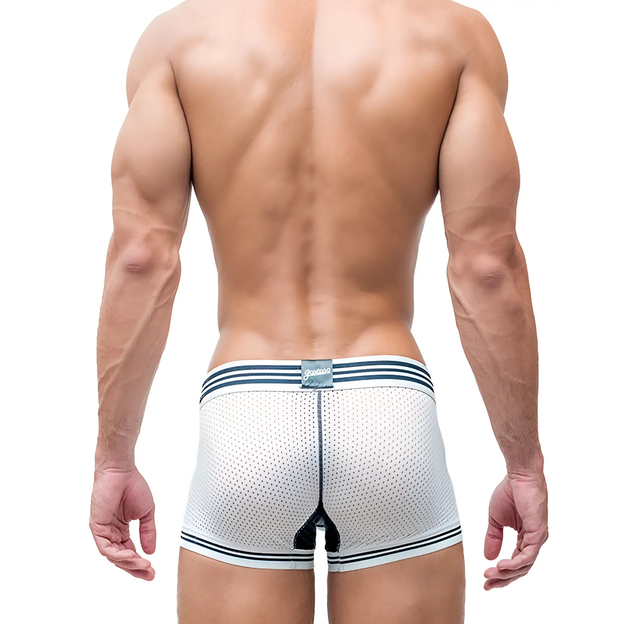 Gostoso underwear white mesh boxer briefs with navy blue striped trim and small brand tag at the waistband