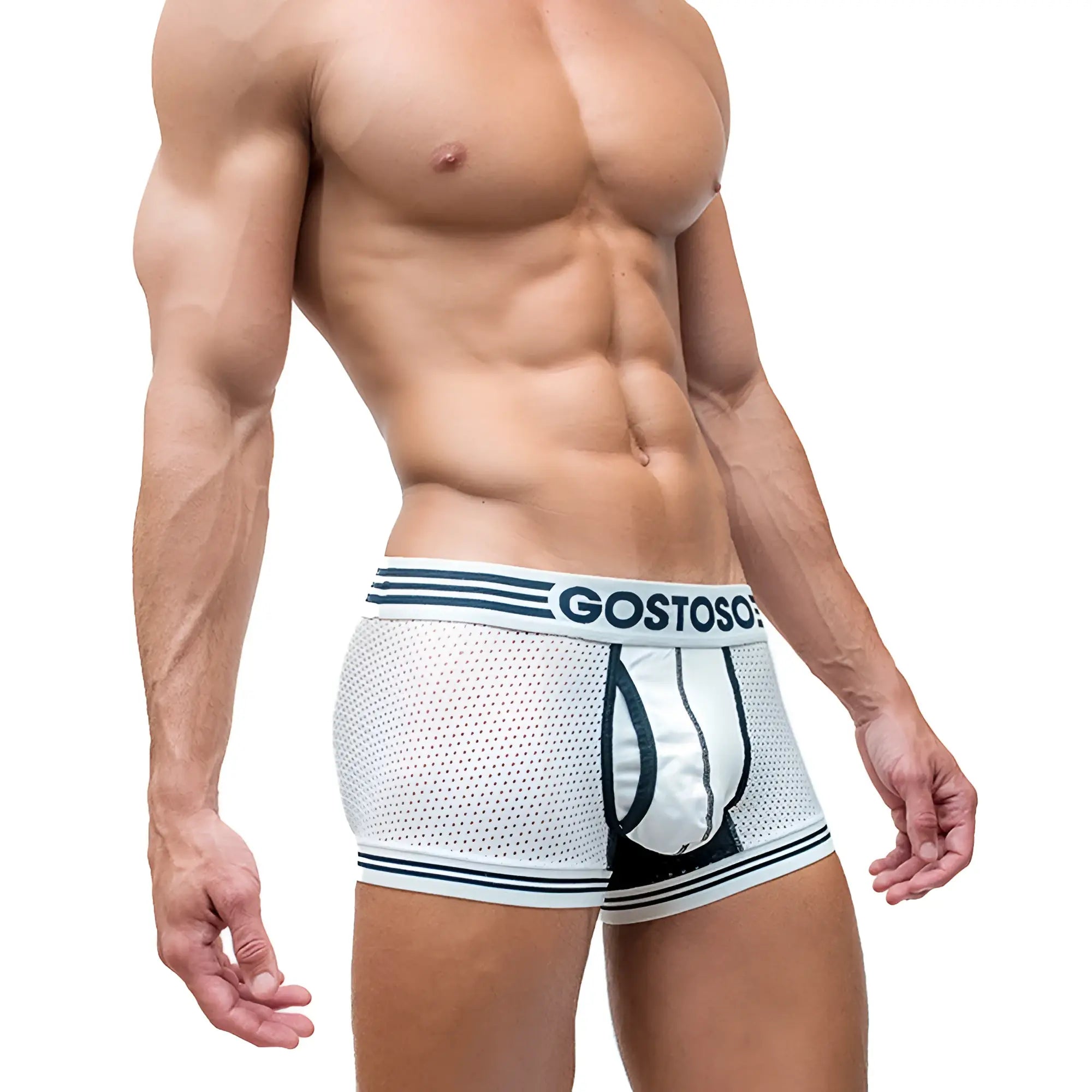 White mesh boxer briefs with navy blue stripes and black inner pouch featuring gostoso brand waistband