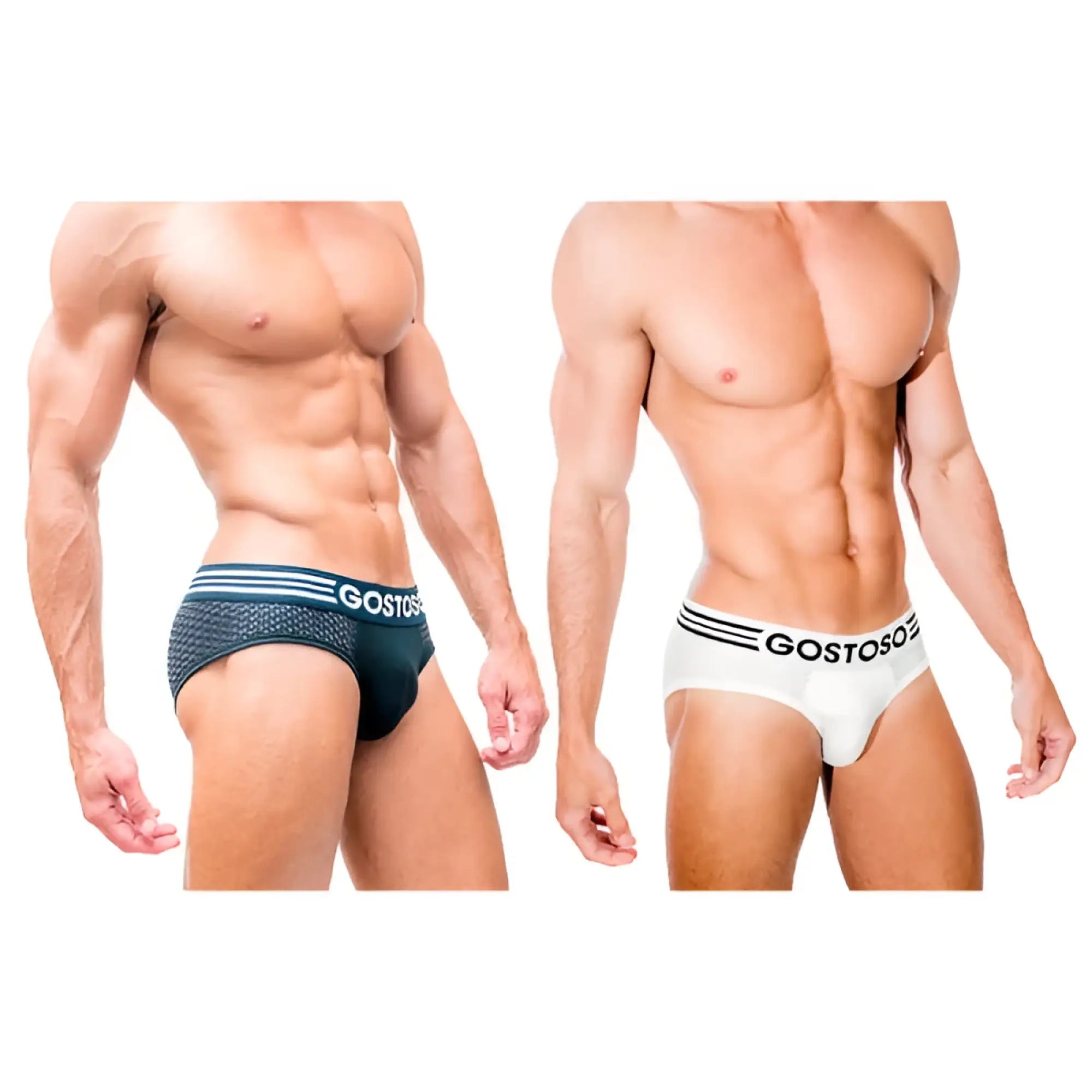 Black and white gostoso mesh briefs with striped waistbands in a 2-pack underwear set for men
