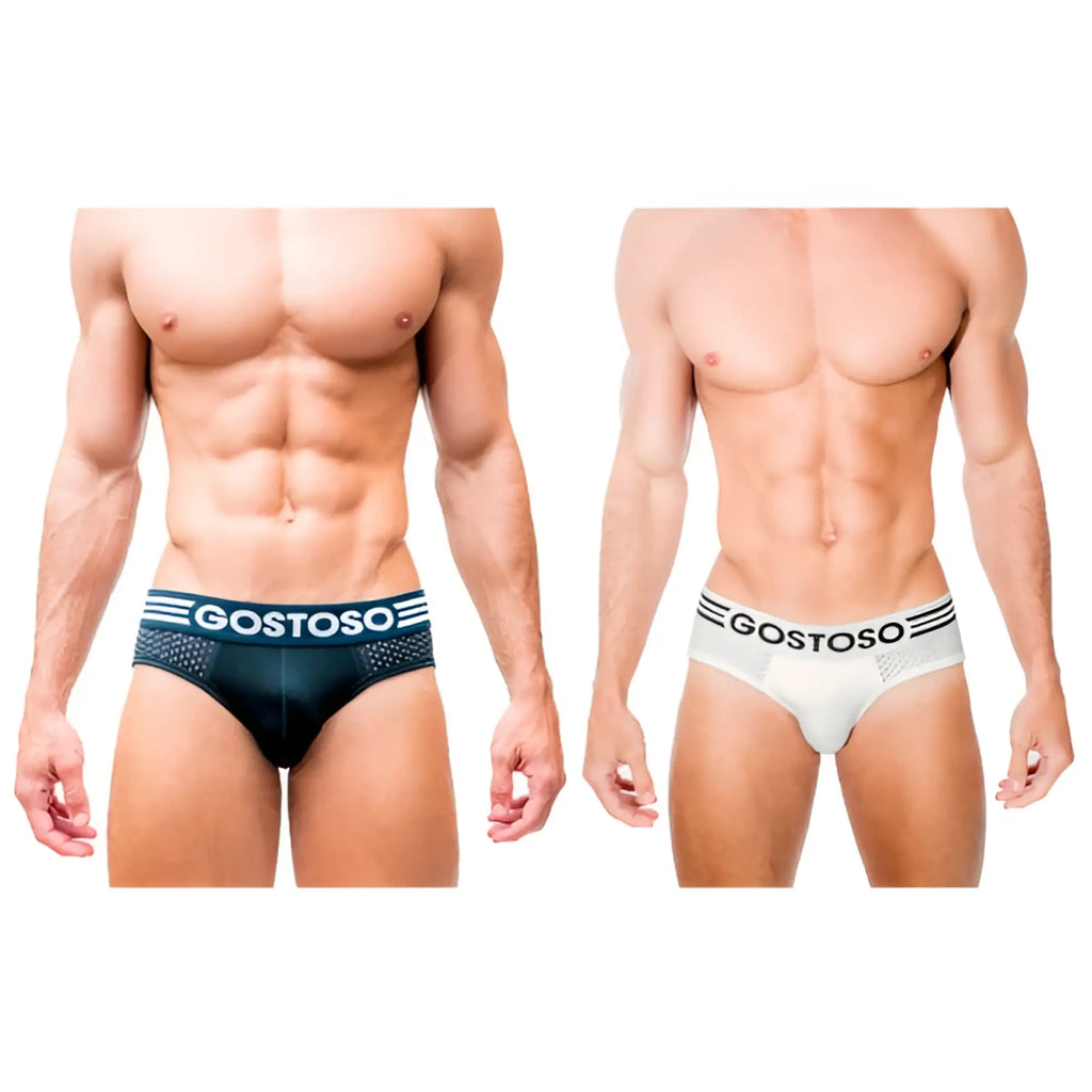 Black and white gostoso men’s mesh briefs with striped waistband in a 2-pack for comfortable everyday wear