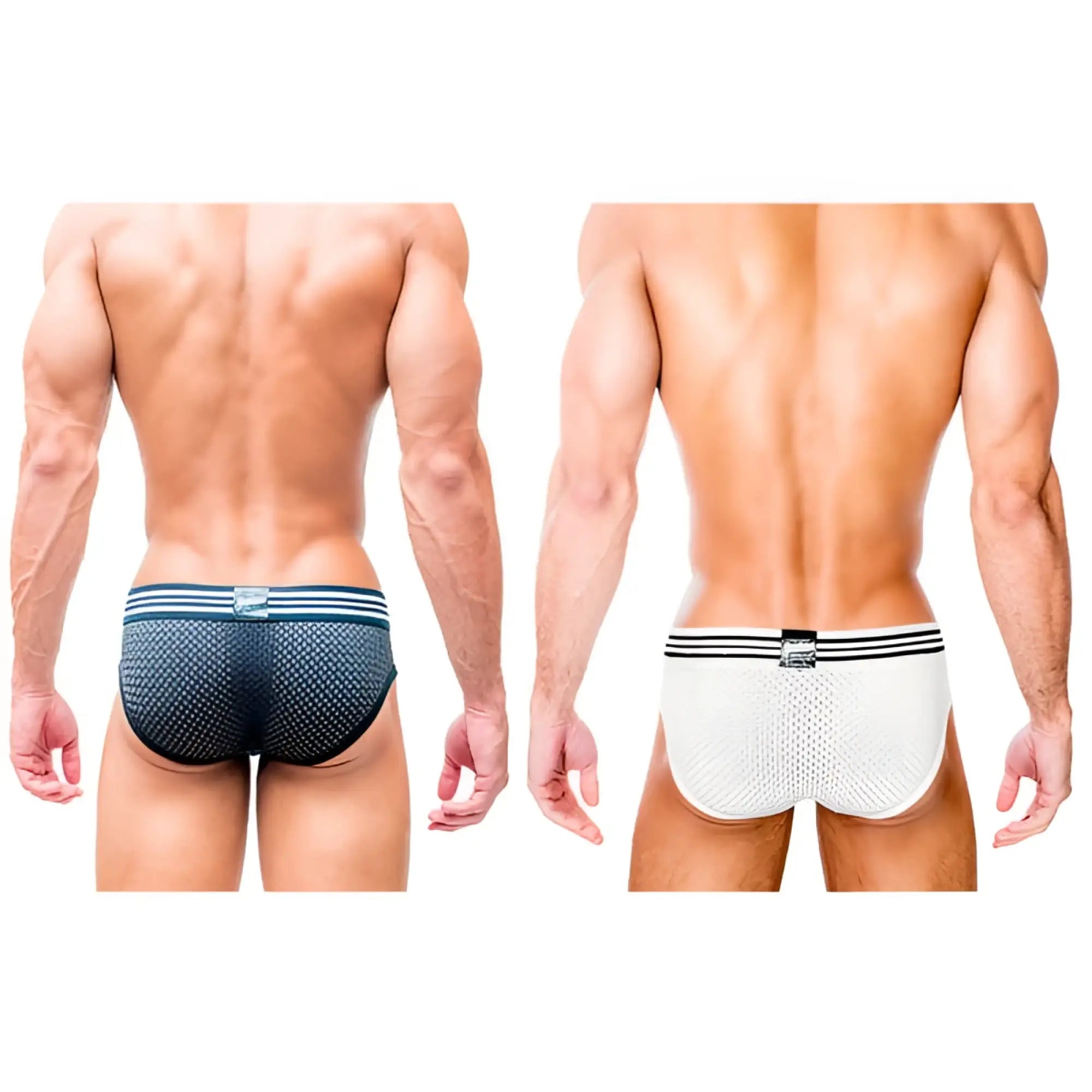 Black and white Gostoso underwear mesh briefs 2-pack with striped waistbands for breathable comfort