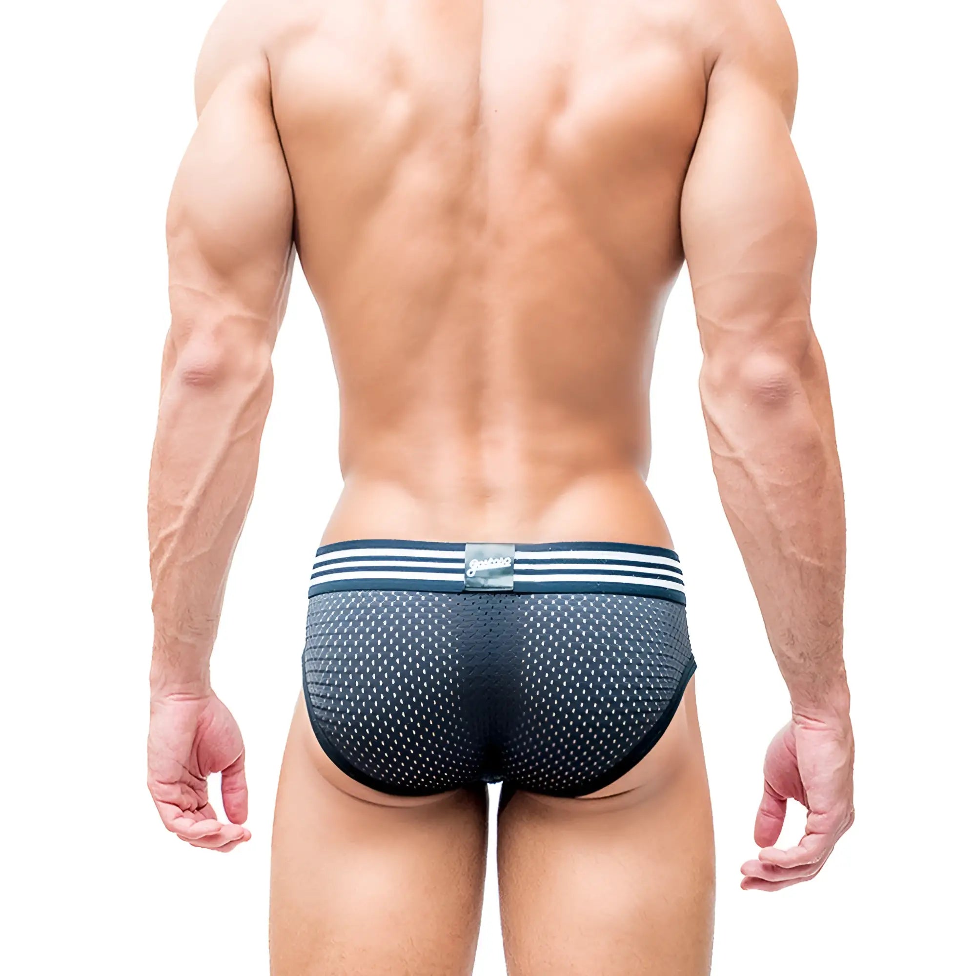 Gostoso underwear mesh brief in dark gray with white striped waistband and small brand tag in black underwear style