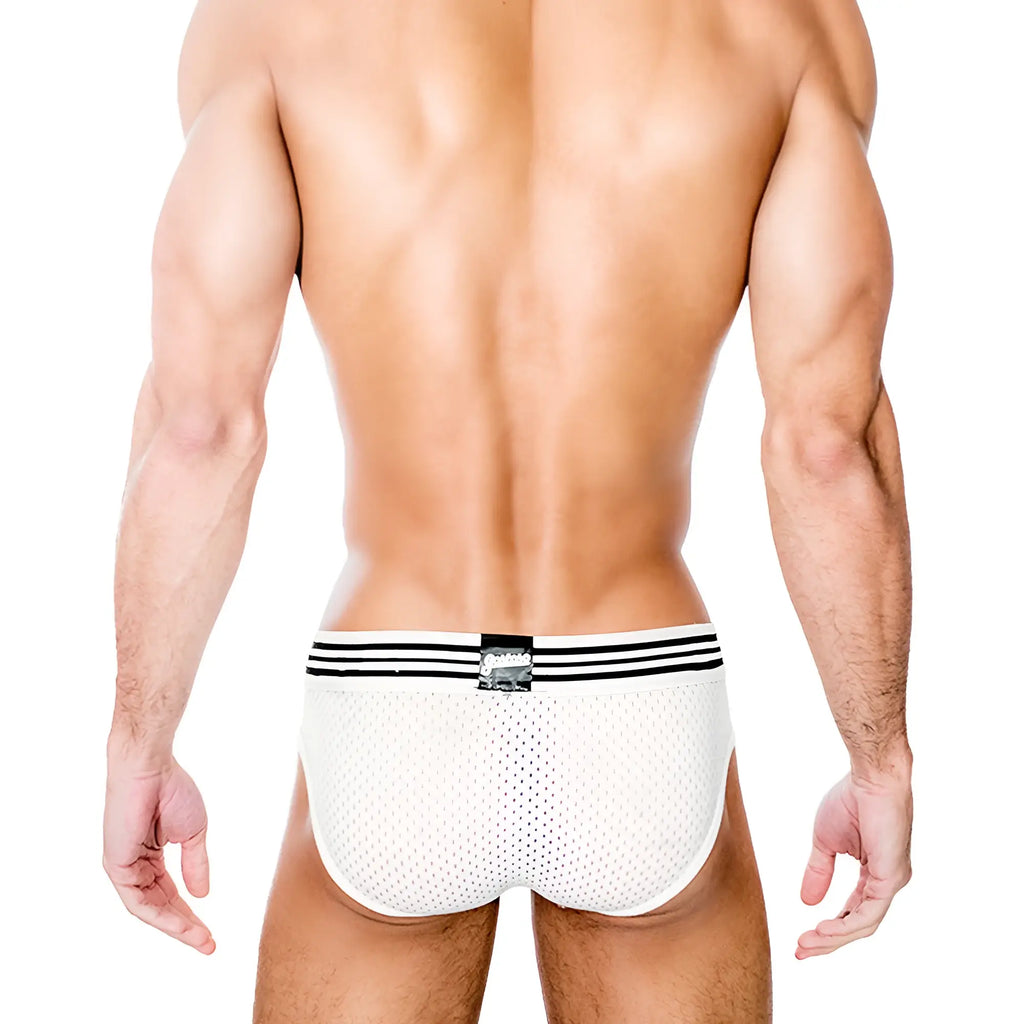 Gostoso underwear white mesh briefs with black striped waistband and metallic logo patch for comfortable wear