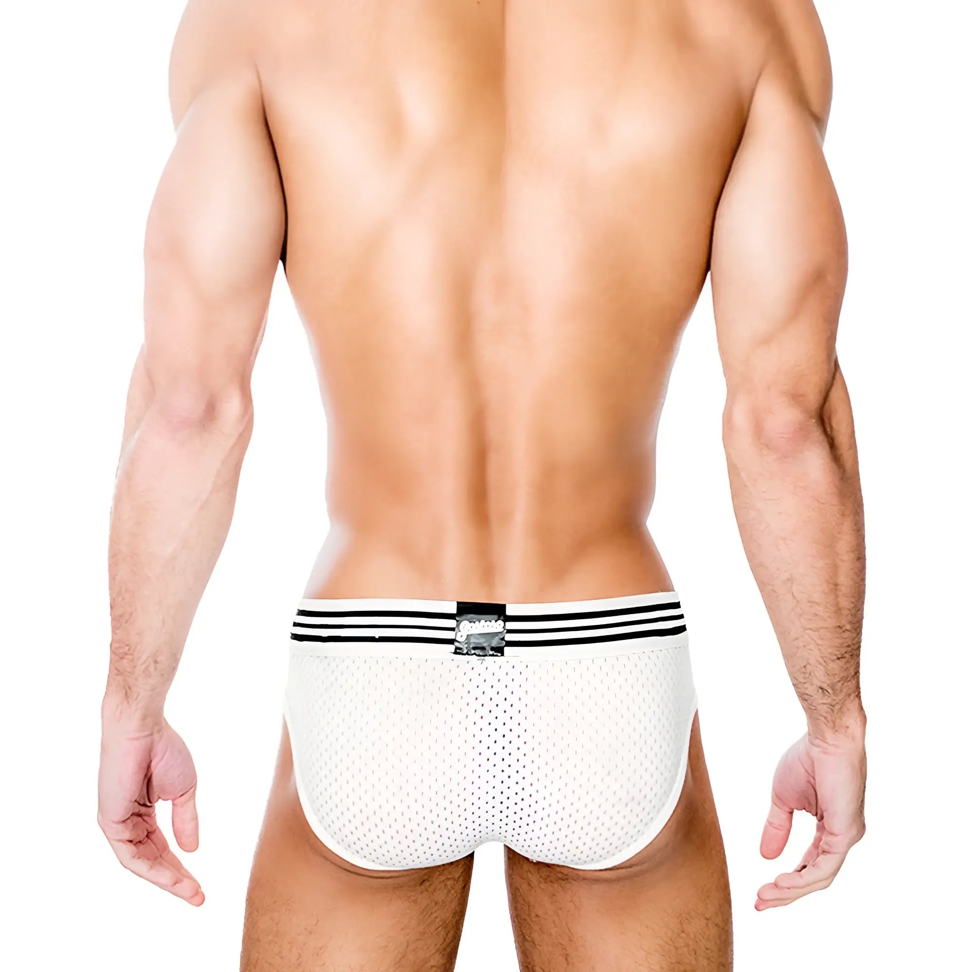 Gostoso underwear white mesh briefs with black striped waistband and metallic logo patch for comfortable wear
