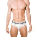 Gostoso underwear mesh white briefs with black logo and three horizontal stripes on the waistband