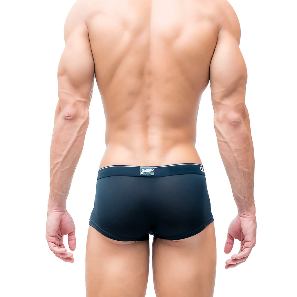 Black gostoso underwear boxer briefs with navy blue waistband and gonkado brand label front view