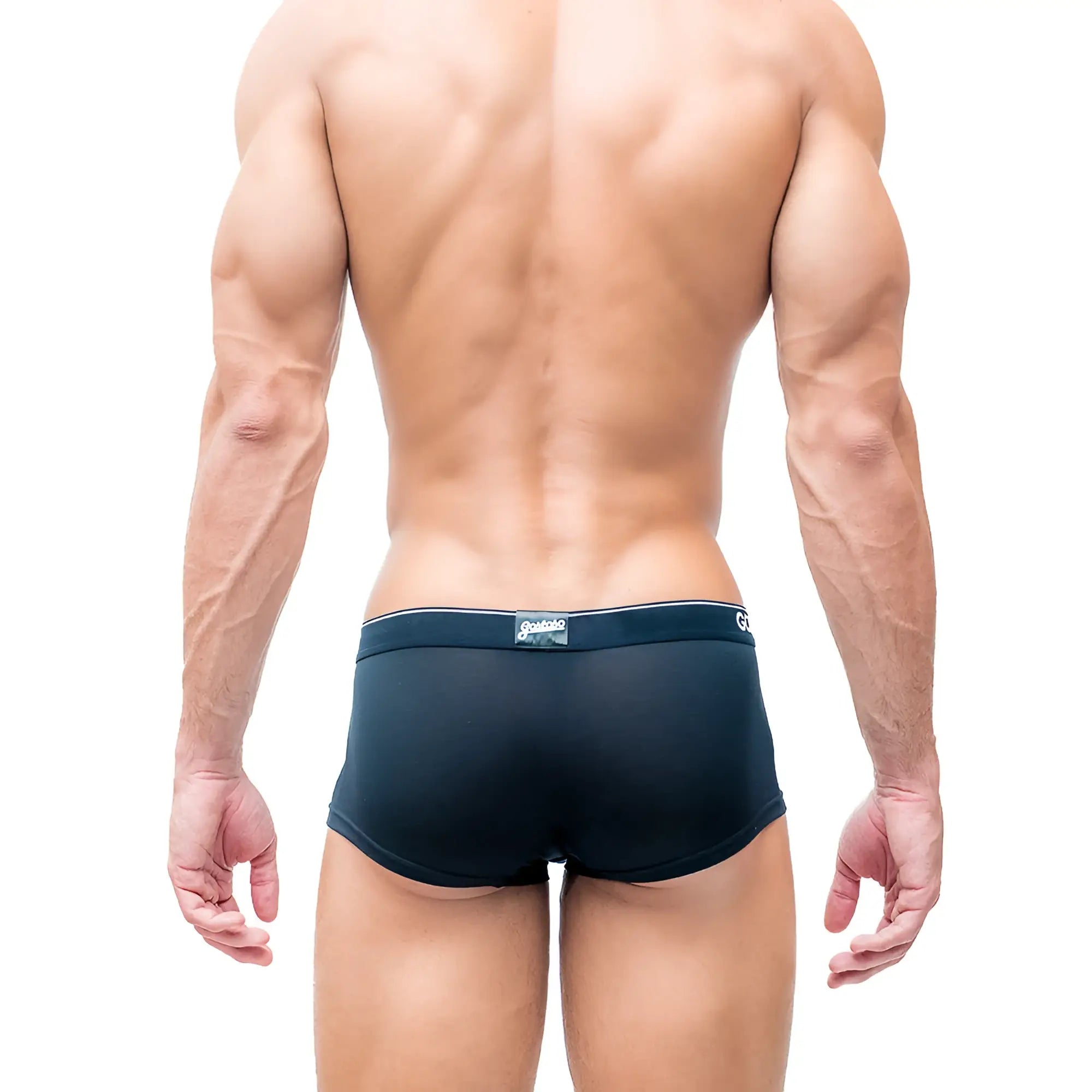 Black gostoso underwear boxer briefs with navy blue waistband and gonkado brand label front view