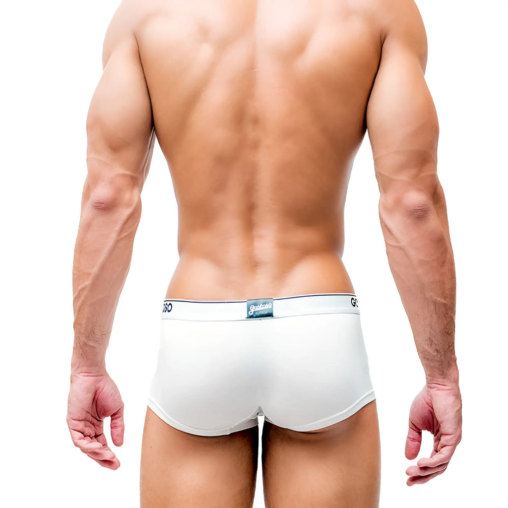 White athletic boxer briefs from gostoso underwear with a subtle elastic waistband and small back logo shown from the back