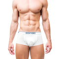 White Gostoso men’s briefs with navy blue waistband featuring brand name in white lettering solid boxer brief