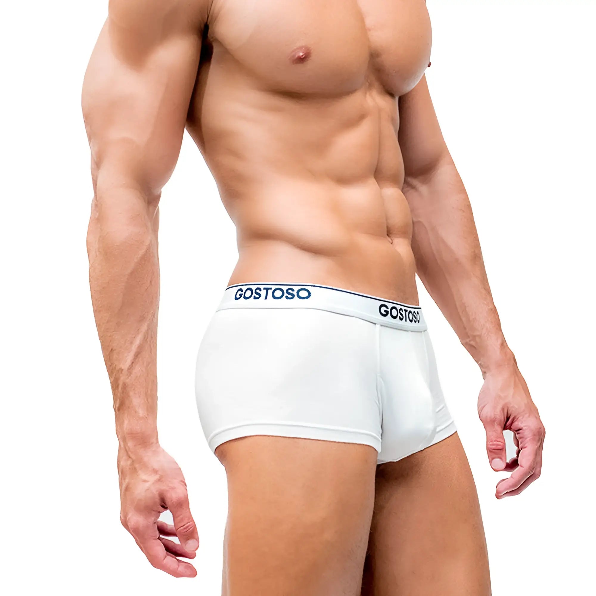 White gostoso boxer briefs with navy blue waistband and white Gostoso underwear branding for comfortable daily wear