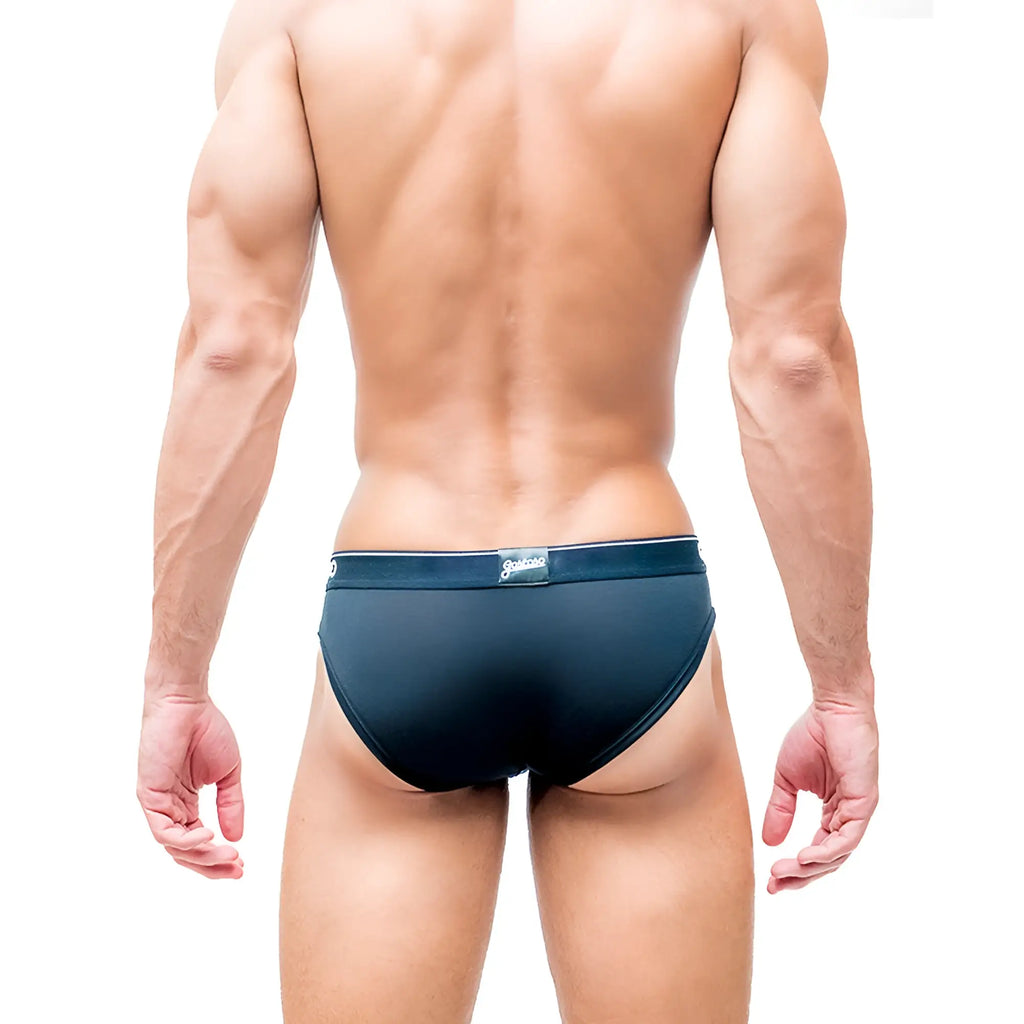Black Gostoso underwear solid brief with a white logo waistband made from soft breathable fabric for everyday wear