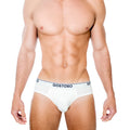 White gostoso solid briefs featuring a black logo band designed for comfortable everyday wear