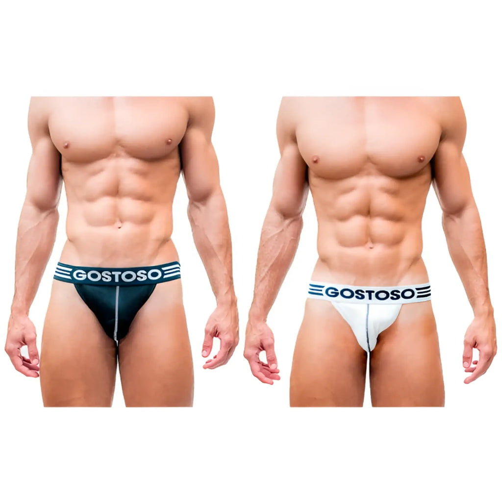 Black and white gostoso brand briefs with striped waistband designed for comfort and style in a 2-pack set