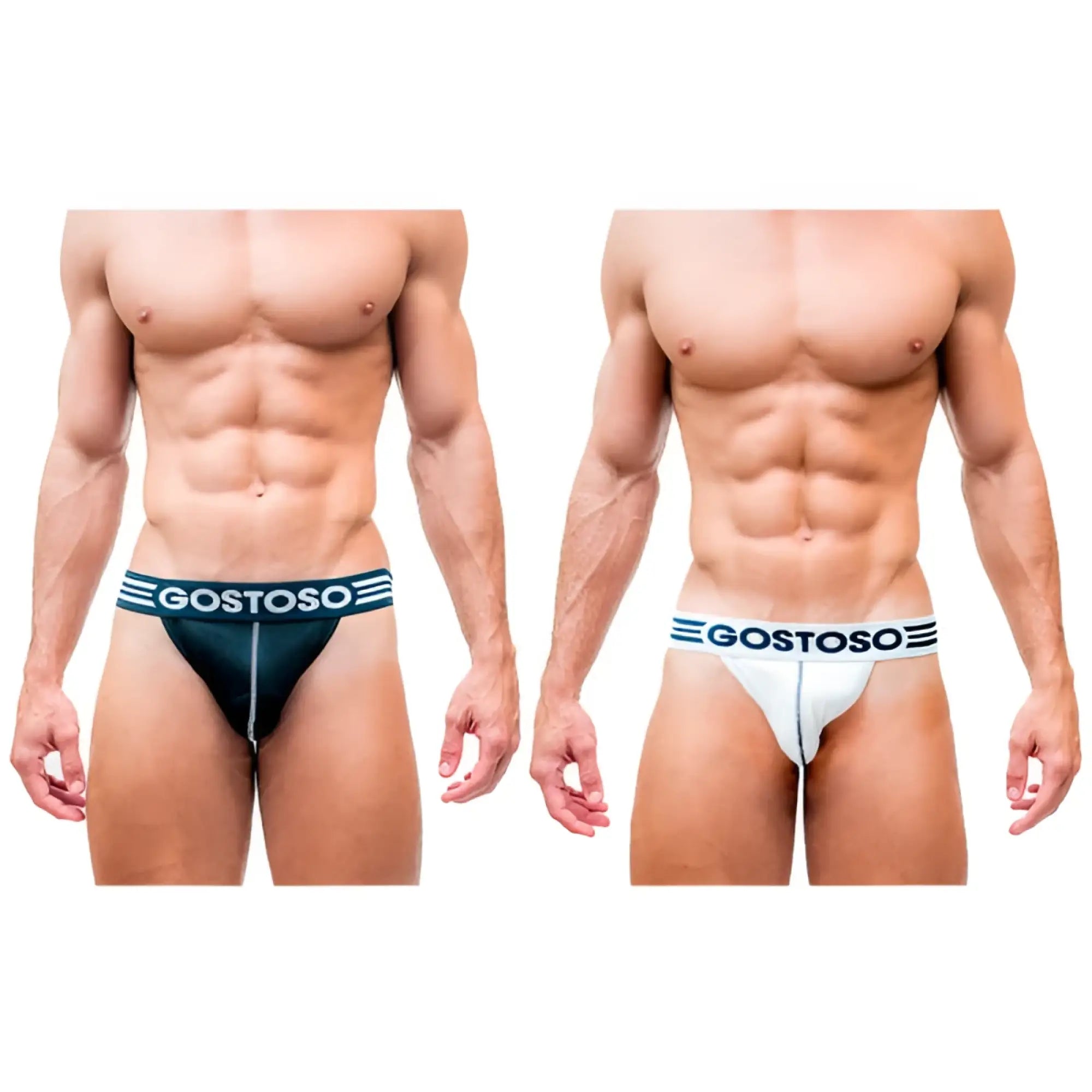 Black and white gostoso brand briefs with striped waistband designed for comfort and style in a 2-pack set
