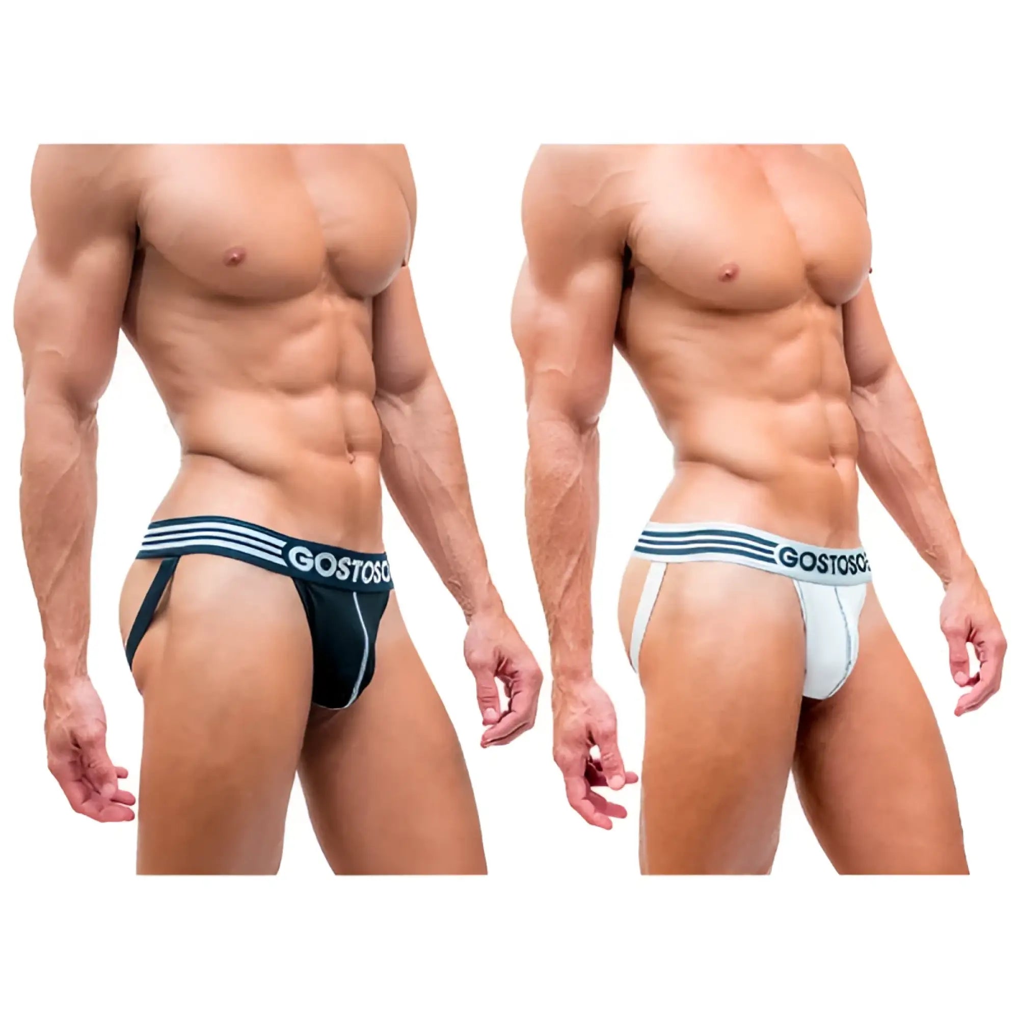 Black and white gostoso brand briefs with three horizontal stripes on waistband solid gostoso stripes logo jockstrap