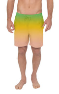 Men’s gradient swim trunks with vibrant green to yellow to peach transition elastic waistband and drawstring
