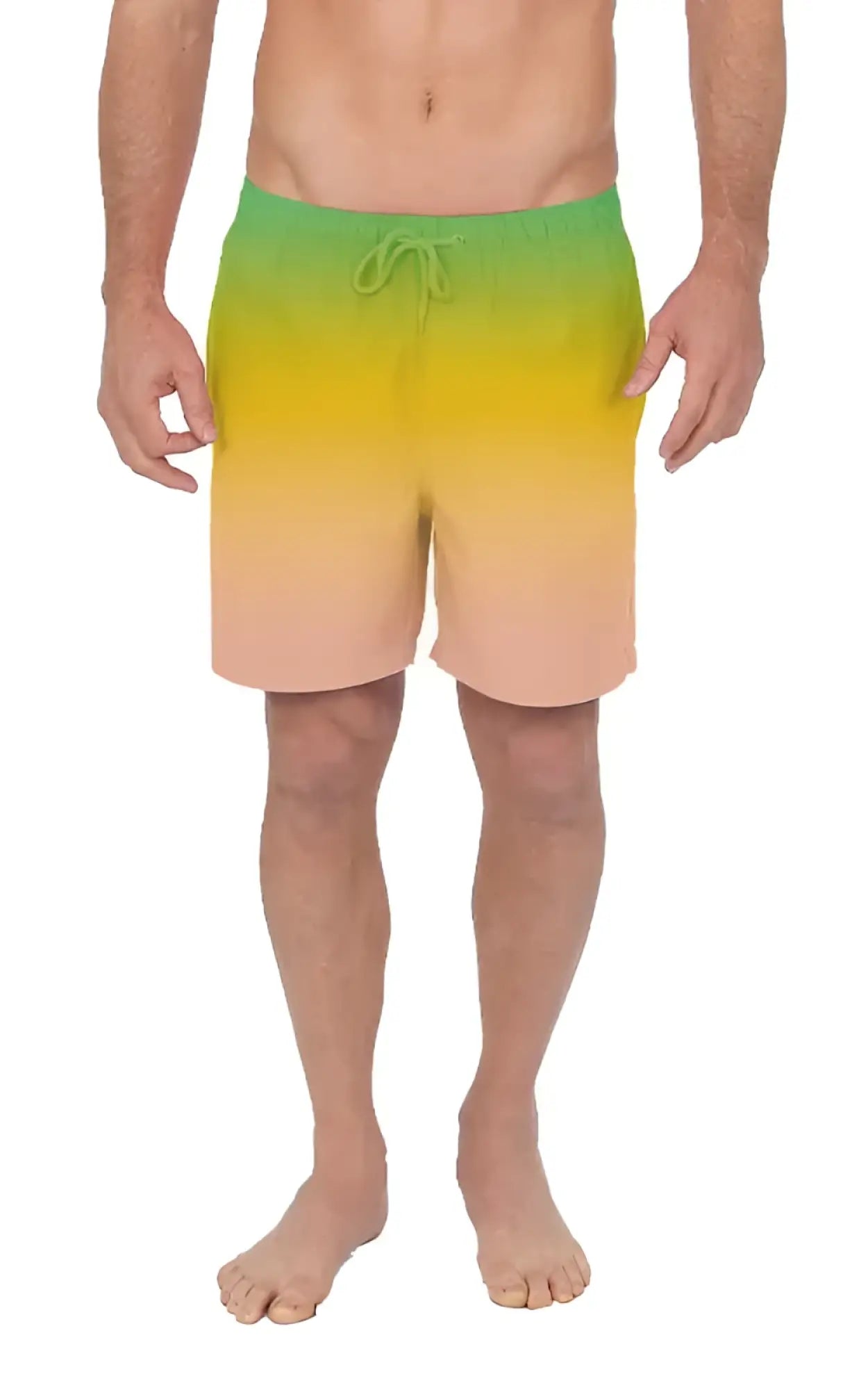 Men’s gradient swim trunks with vibrant green to yellow to peach transition elastic waistband and drawstring