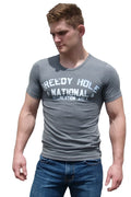 Gray premium heather short-sleeved t-shirt with greeley hollow national recreation area printed in white