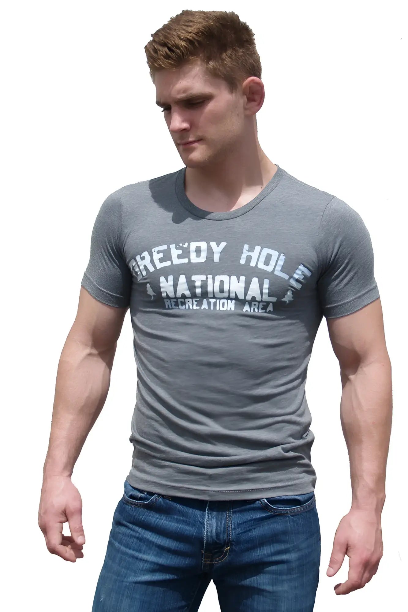 Gray premium heather short-sleeved t-shirt with greeley hollow national recreation area printed in white