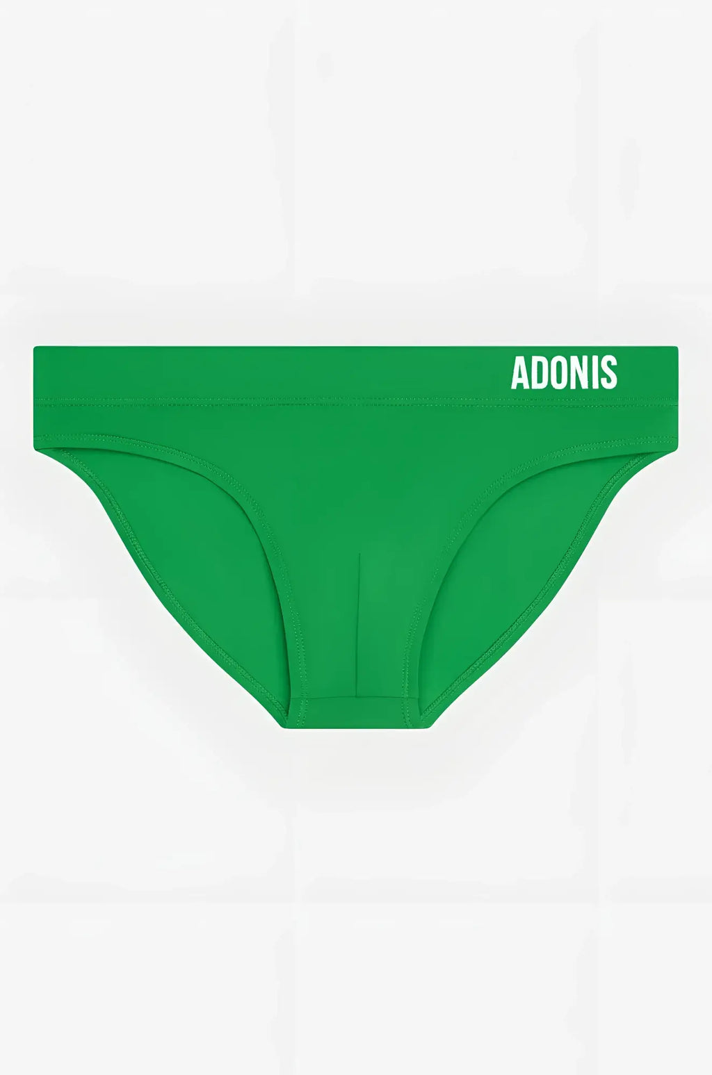 Bright green adonis brand swim briefs with smooth form-fitting fabric and white logo on the waistband