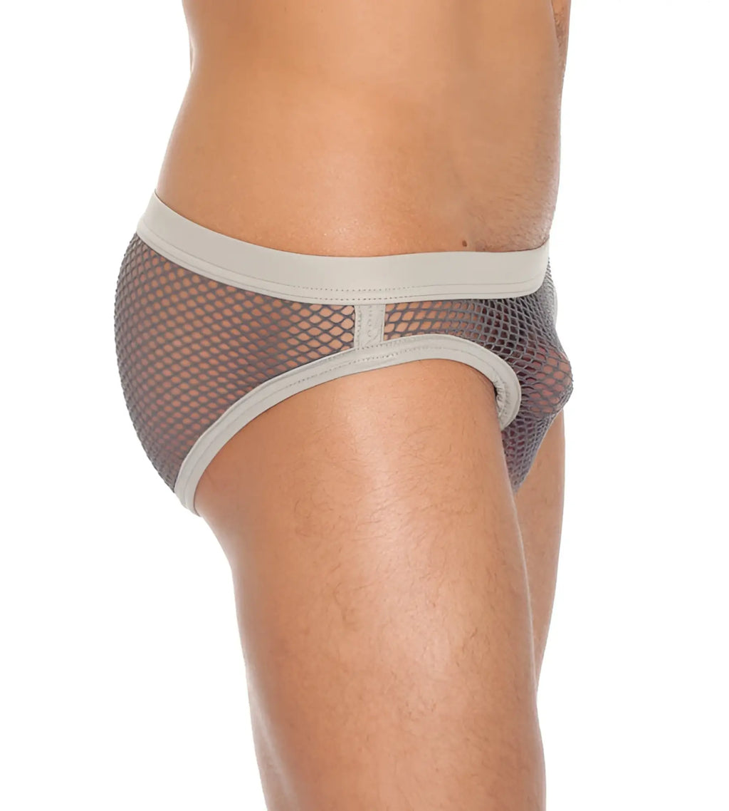 Gray mesh Gregg Homme Beyond Doubt brief underwear with solid light gray waistband and leg openings size XL