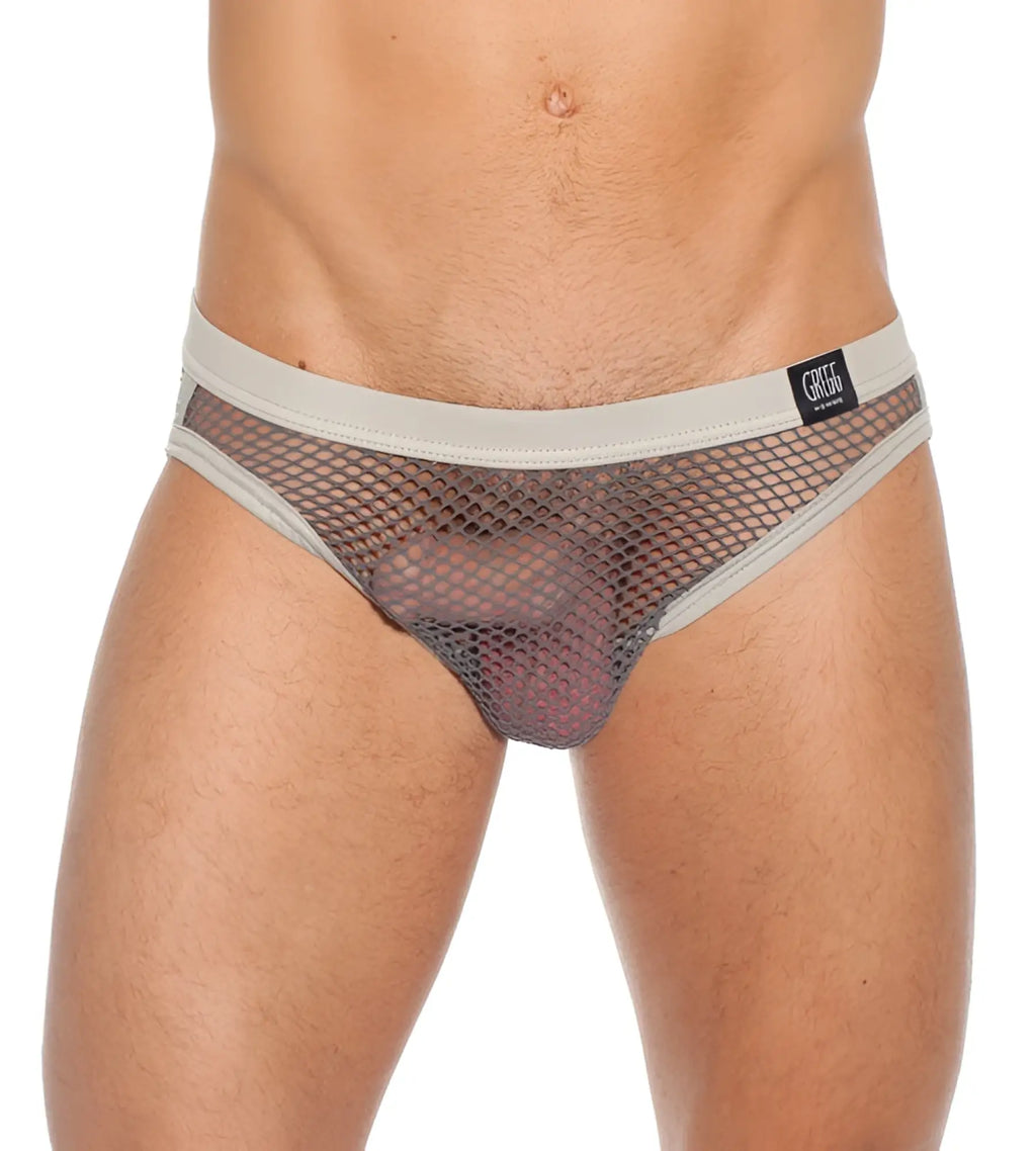 Gregg homme beyond doubt brief underwear in pewter gray mesh with solid waistband and black brand tag size xl