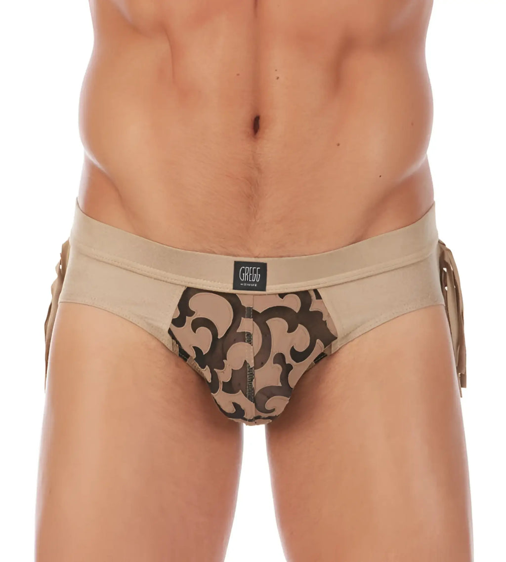 Beige and dark brown ornate patterned men’s briefs with side ties by Gregg Homme cowboy brief underwear size L
