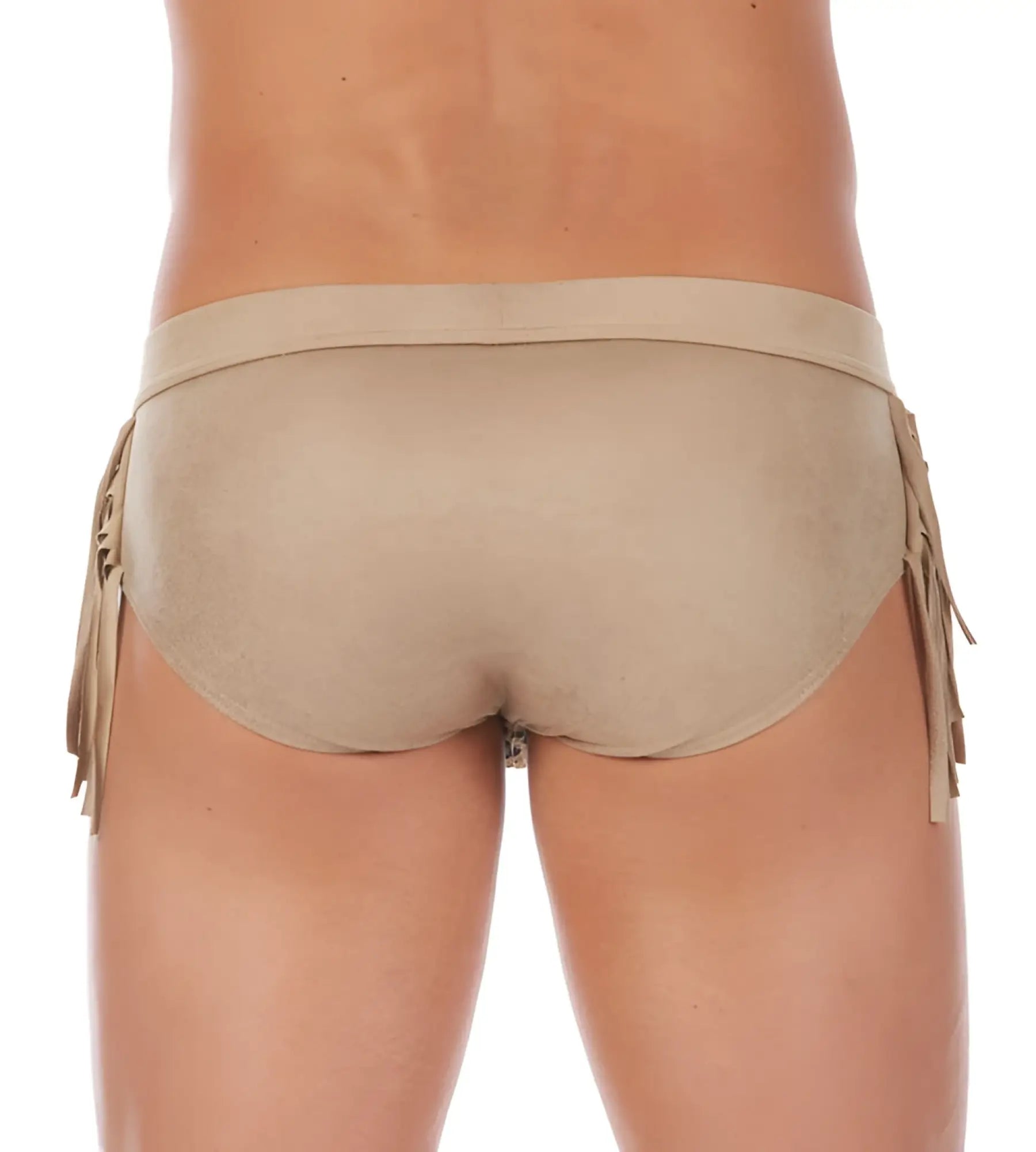 Beige suede Gregg Homme cowboy brief underwear with fringe detailing on the sides in size L