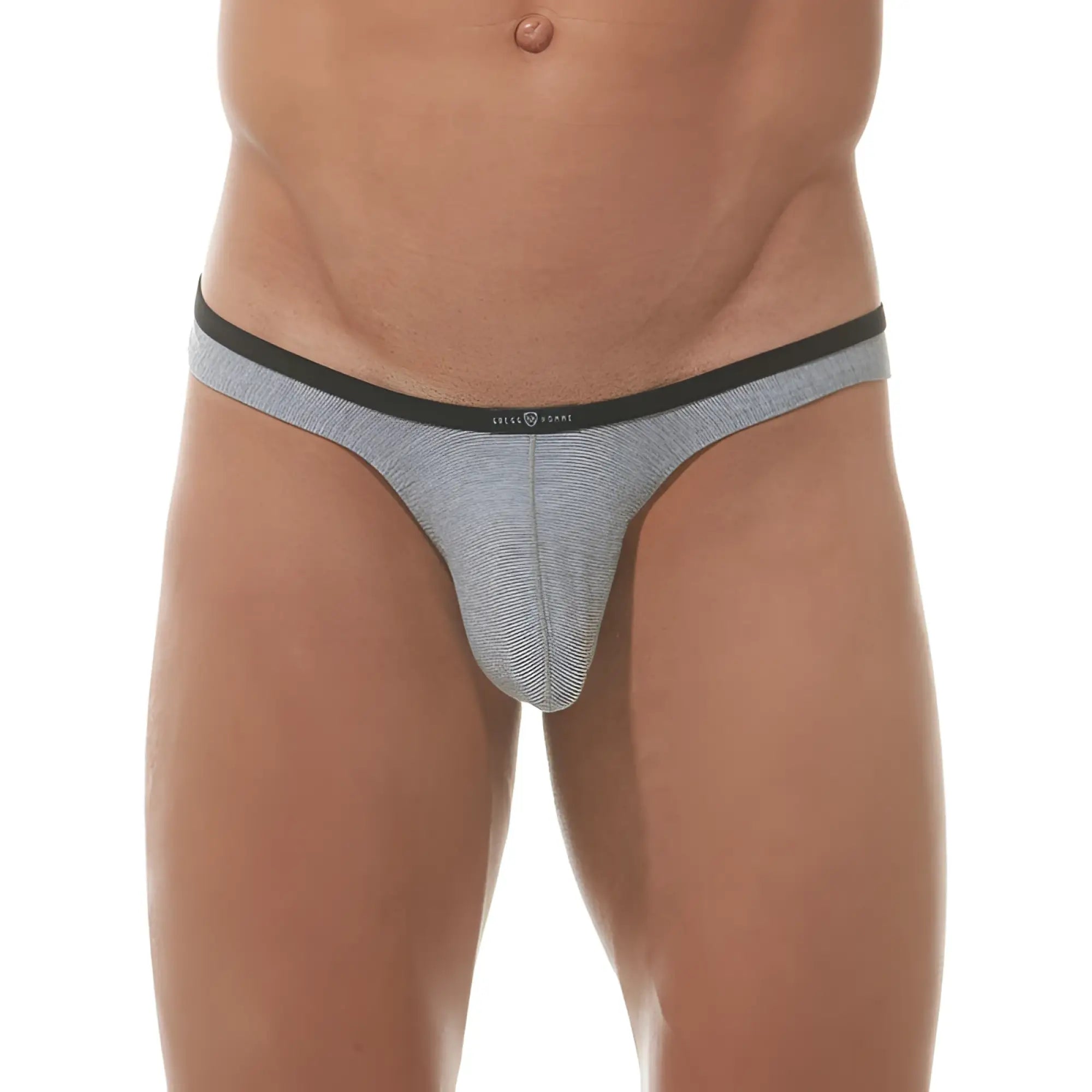 Gregg homme feel it thong underwear in black with gray and black stripes featuring a sleek modern design in size xl