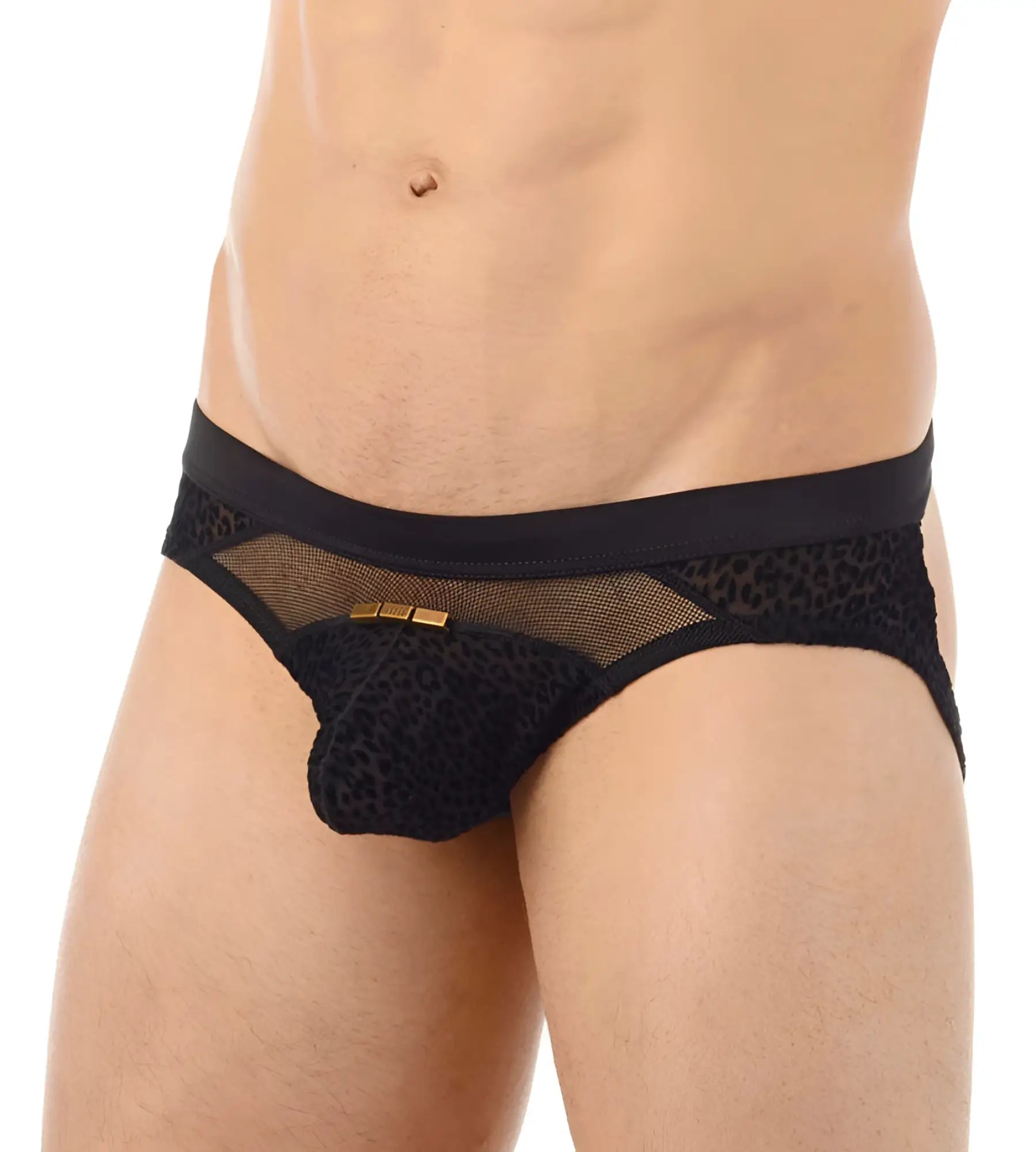 Black lace briefs with leopard print and gold tone hardware by gregg homme tryst jock strap underwear size s