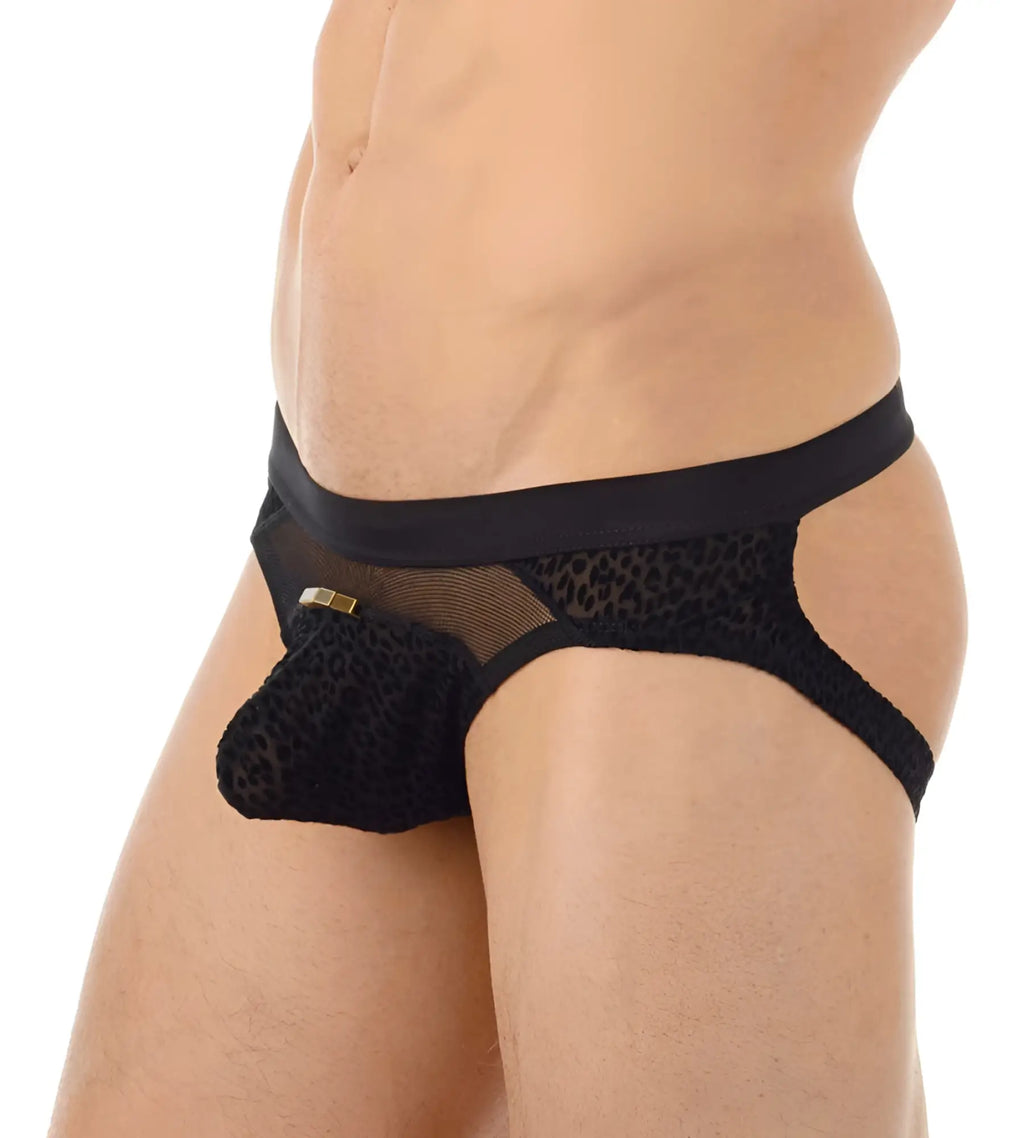 Black leopard-print lace thong jock strap underwear with solid black waistband and gold-tone hardware by gregg homme