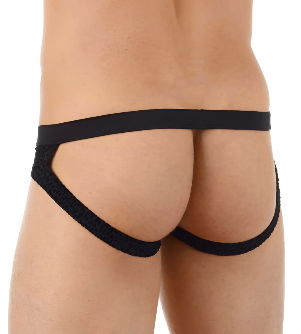 Gregg Homme TRYST jock strap underwear in black textured fabric with a wide waistband and leg openings size S