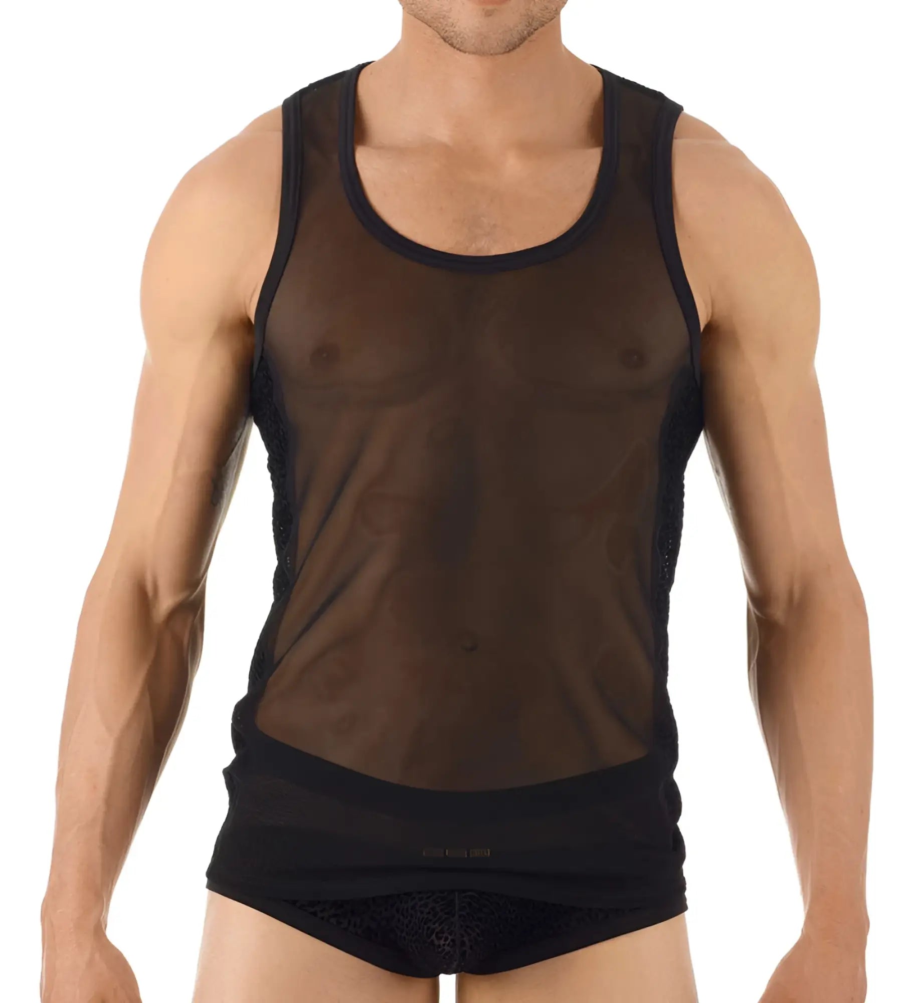 Gregg Homme TRYST black mesh tank top with solid black trim around neckline and armholes size S