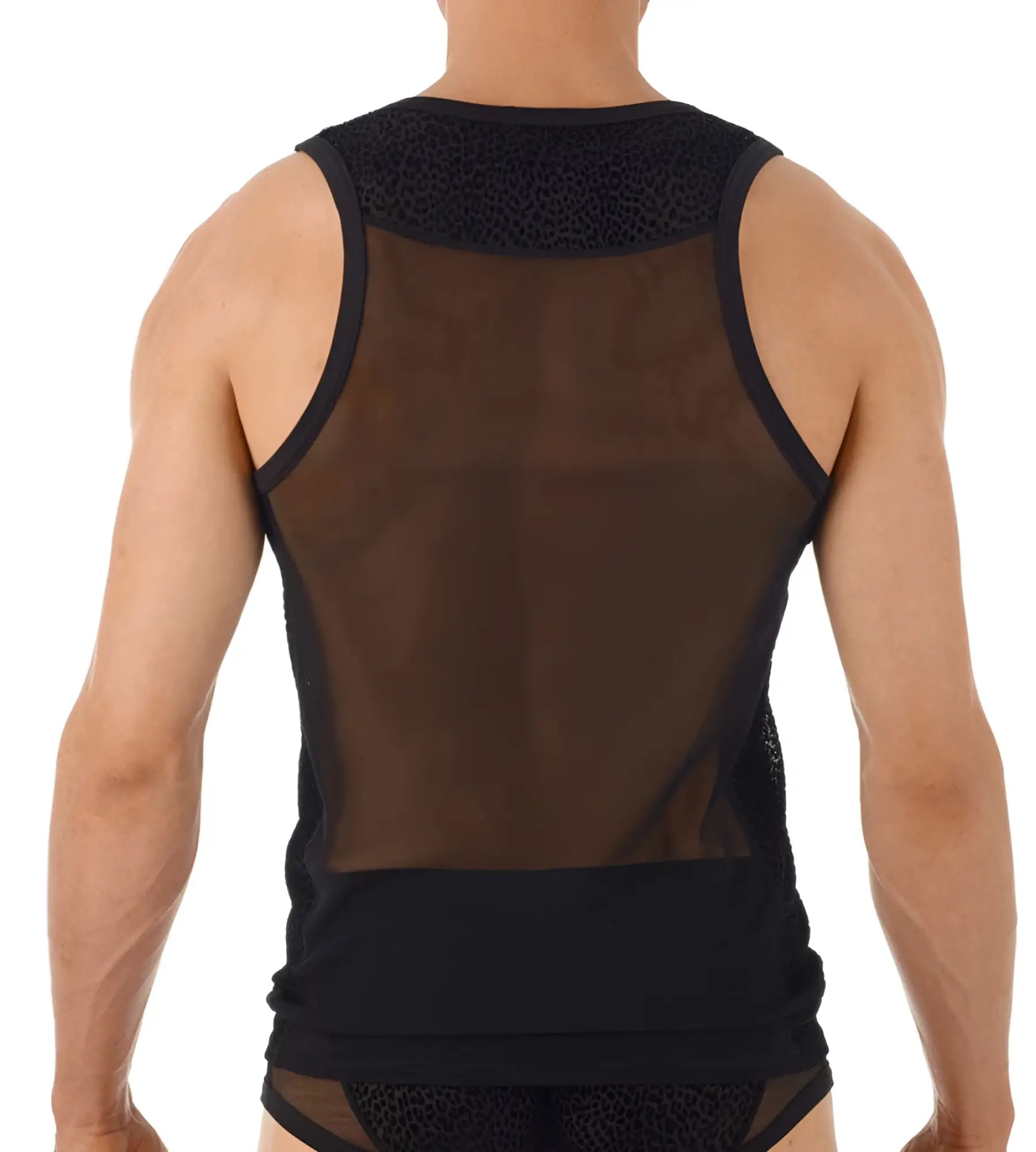 Gregg Homme TRYST black sheer mesh tank top with lace trim and leopard print accents size S
