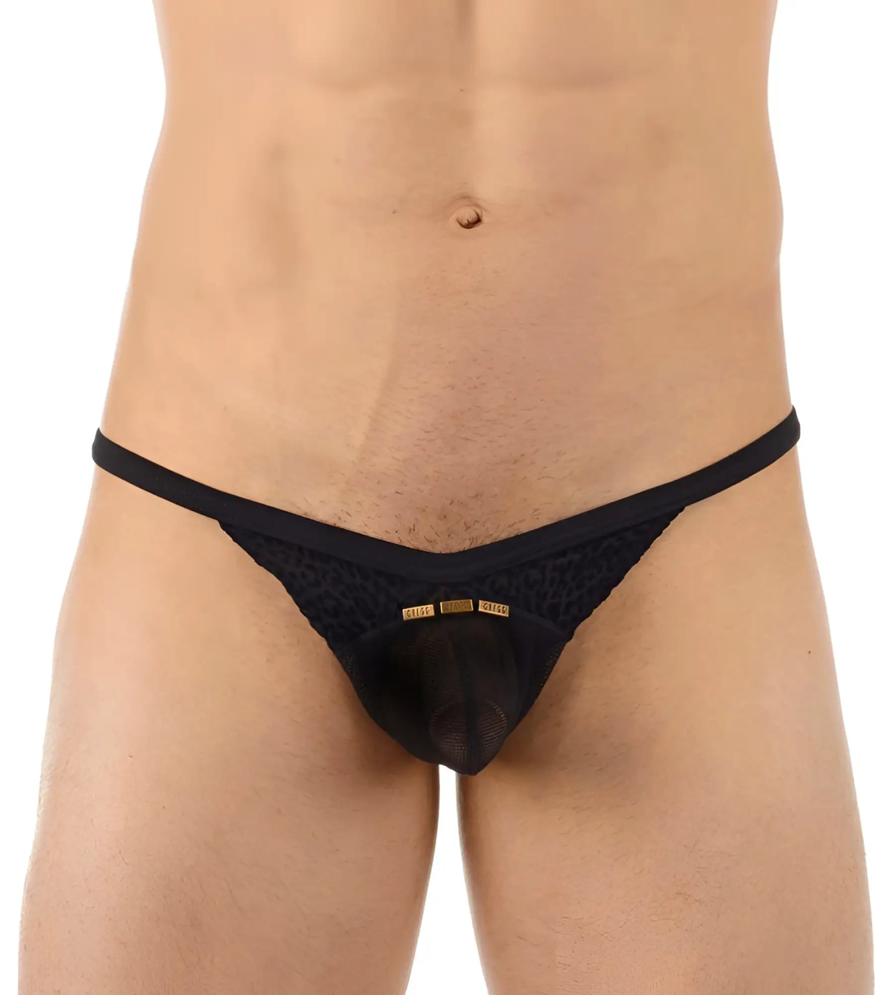 Black lace thong underwear with gold logo plaque at front by Gregg Homme model TRYST size XS in black