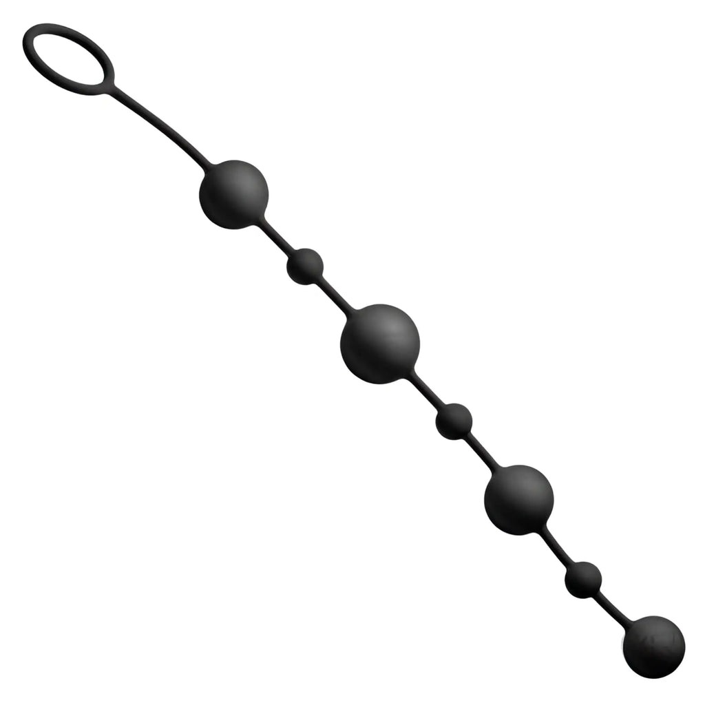 GreyGasms black silicone anal beads with a pull ring and alternating sizes for a graduating effect.
