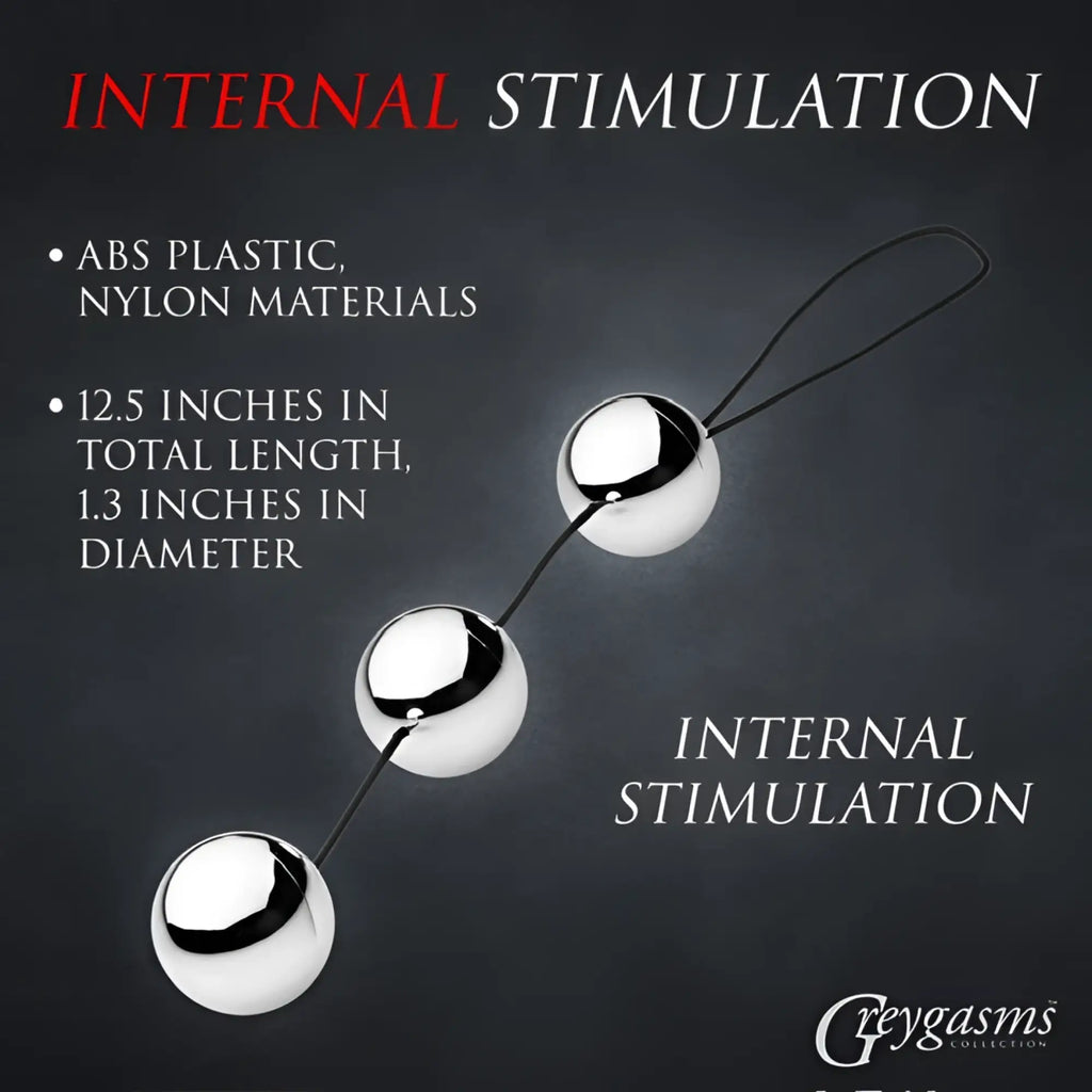 GreyGasms Trilogy Orgasm Balls: Three smooth, silver-colored spheres on a black nylon cord for internal stimulation.