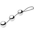 GreyGasms Trilogy Orgasm Balls: Three shiny, chrome-finish metal spheres connected by a black silicone retrieval loop.